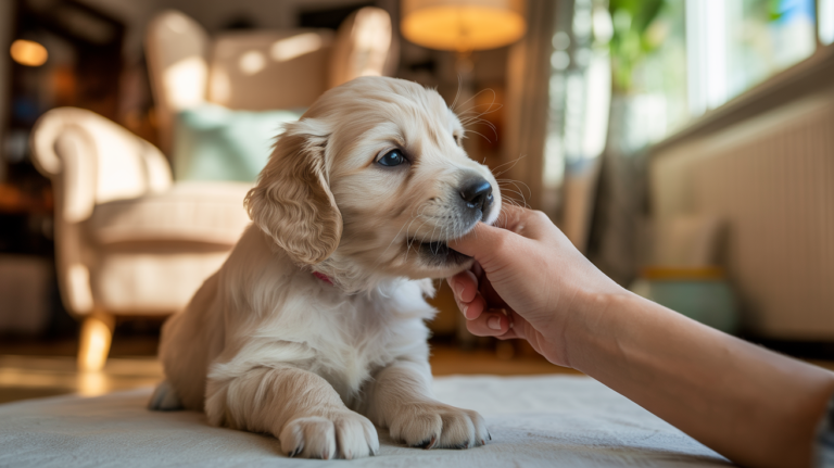 Puppy biting the owners hand
