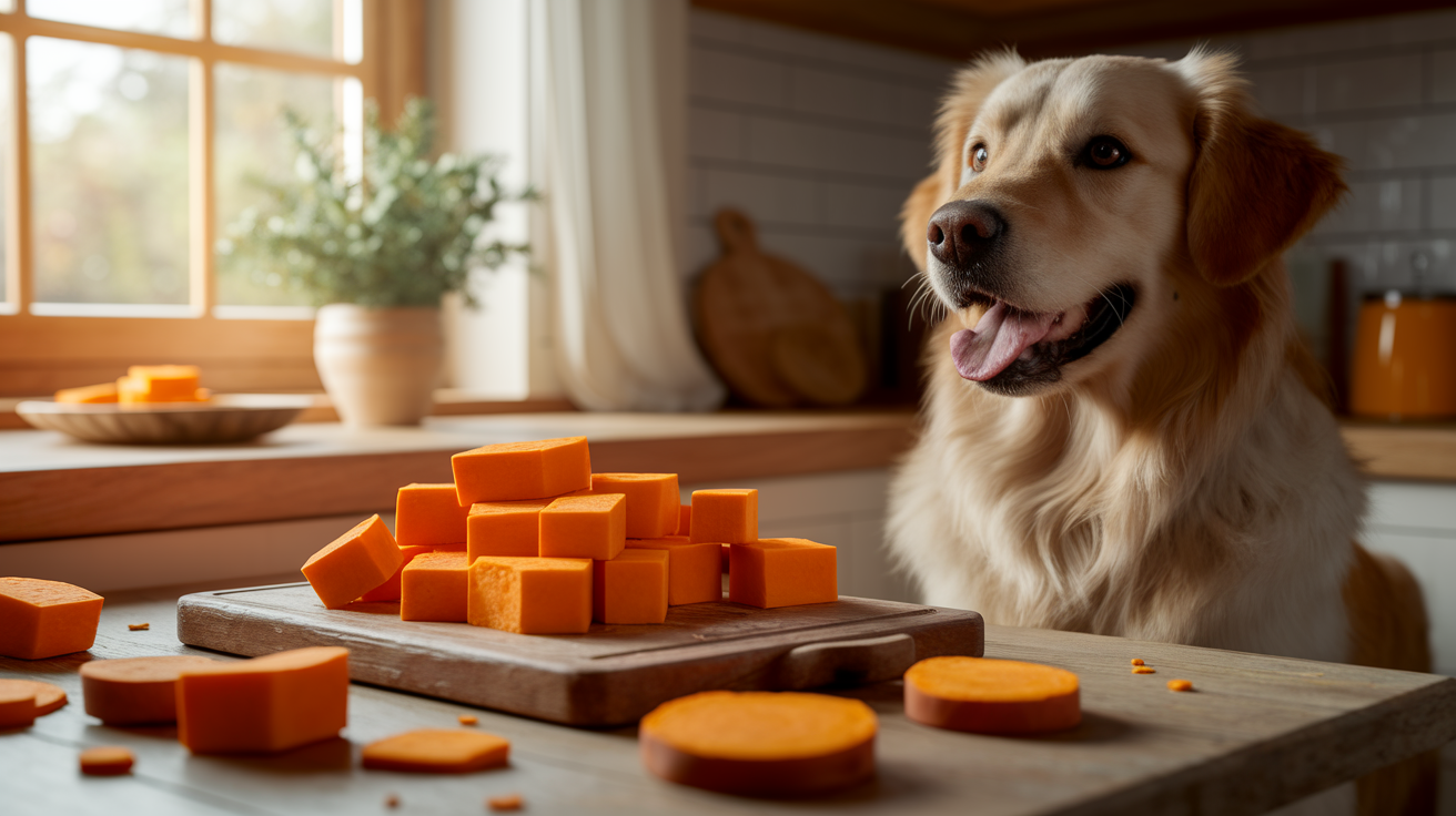 A warm, inviting kitchen scene showing freshly made golden-orange sweet potato chews arranged on a rustic wooden cutting board, with a happy golden retriever dog sitting attentively nearby with bright eyes and tongue slightly out, soft natural lighting streaming through a window, cozy home atmosphere, scattered sweet potato slices in various stages of preparation, warm earth tones and golden hues, professional food photography style, shallow depth of field