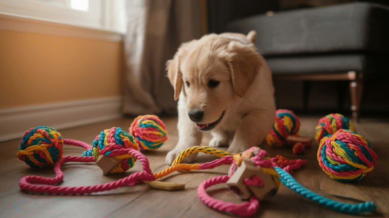A Dog laying down amidts toys
